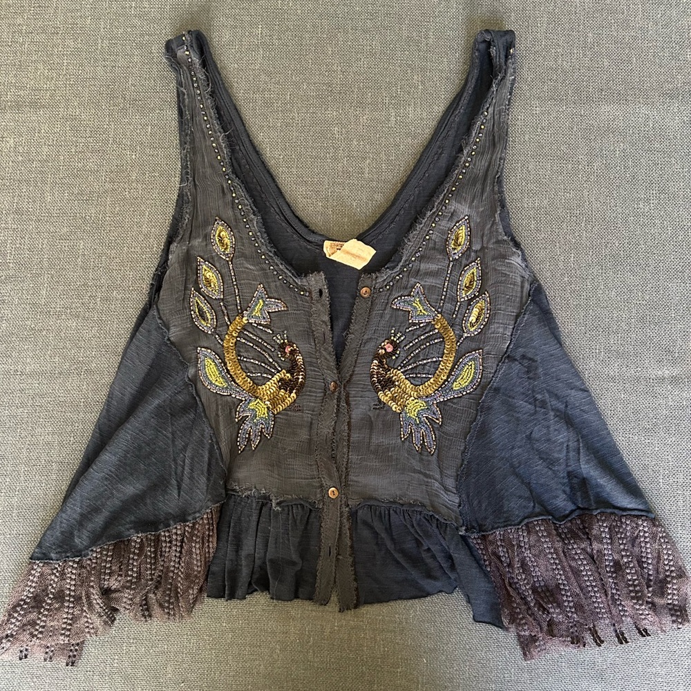 Free People Embroidered Tank Top - Blue & Green